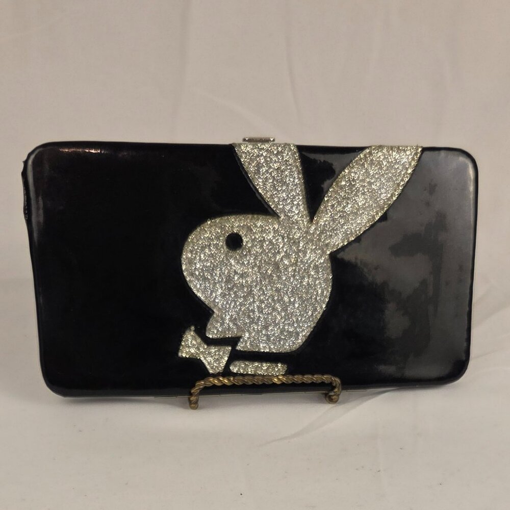 ✨ Y2K Playboy Black Patent Wallet Silver Glitter Bunny Logo Vintage Collectible